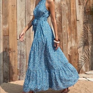 Floral Belted Ruffle Hem Halter Dress